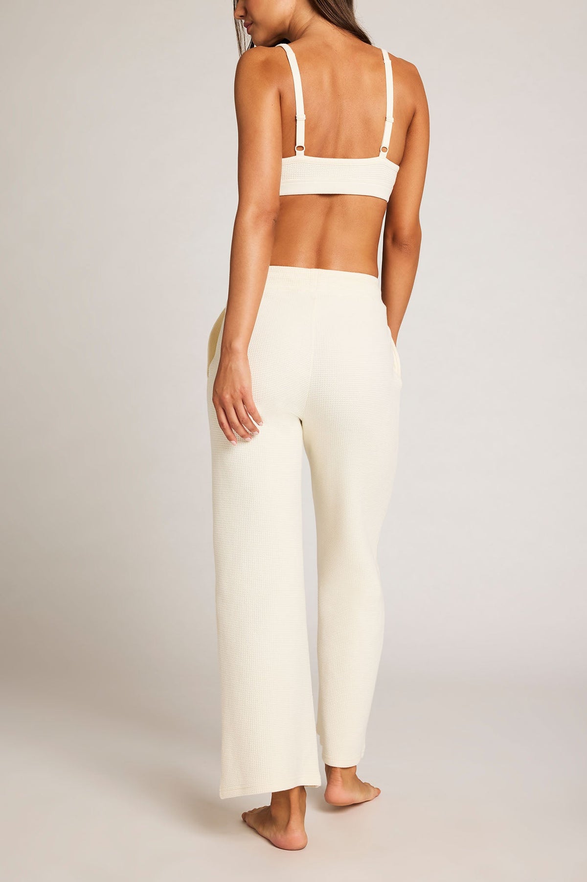 Waffle Knit Cropped Track Pant in Cream